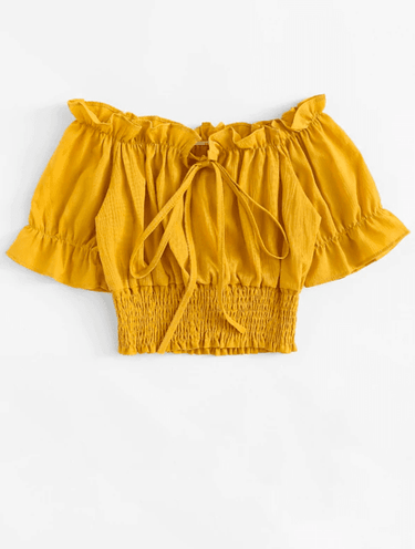 Tie Front Frill Bardot Shirred Crop Top( Clearance sale