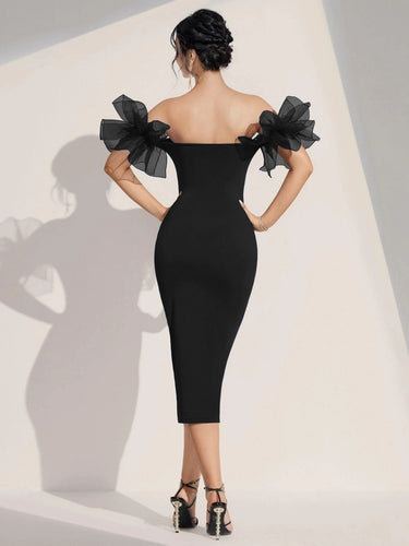 Off Shoulder Contrast Mesh Ruffle Trim Bodycon Dress(Clearance sale)