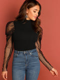 Mesh Puff Sleeve Mock Neck Top( Clearance sale