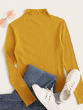 Mock-Neck Lettuce Trim Rib-knit Top( Clearance sale