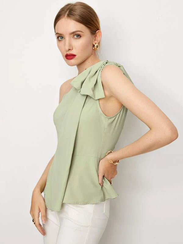 Exaggerate Bow Detail One Shoulder Peplum Top(Clearance Sale)