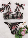 Floral Print Underwire Mesh Bra & Panty Lingerie Set