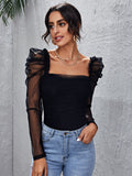 Square Neck Mesh Leg-of-mutton Sleeve Top( Clearance sale