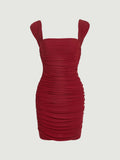 Square Neck Ruched Bodycon Dress