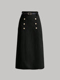 Parien Black Corduroy Button Detail A-Line Skirt