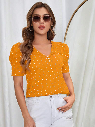 Heart Print Puff Sleeve Button Detail Blouse( Clearance sale)