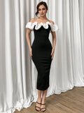 Black And White Contrast Color Off Shoulder Ruffled Organza Spliced Slim Long Dress