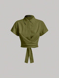 Short Lace-Up Cross Design Vintage Shirt