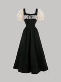 Black And Apricot Palace Lace Vintage Bow Puff Sleeve Long Dress