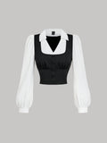 Turndown Collar Long Sleeve Contrast Top( pre order