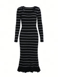 Parien Crew Neck Long Sleeve Fitted Elegant Striped Sweater Dress