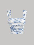 Square Neck Blue And White Floral Crop Top