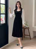 Parien Color Block V-Neck Long Sleeve Midi Velvet Dress