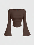 Boat Neck Flared Sleeve Waist Ruched Casual T-Shirt