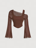 Coffe Brown Off-Shoulder Mesh 2in1 Trumpet Sleeve Long Top