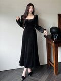 Parien Stripe Velvet Black Long Puff Sleeve Dress