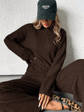 Parien Brown Minimalist Commuter Style Round Neck Chunky Knit Loose Sweater & Straight Leg Pants 2 Piece Set Oversized Sweater