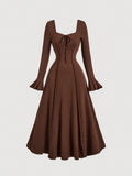 Elegant Solid Color Flare Sleeve Cinched Waist Dress