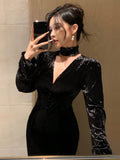 Velvet V-Neck Waist Splicing Fish Tail Mid-Calf Long Sleeve Dress