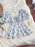 Front Tie Short Sleeve Allover Print Casual Top