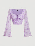 Floral Print Flare Sleeve Vintage  Top