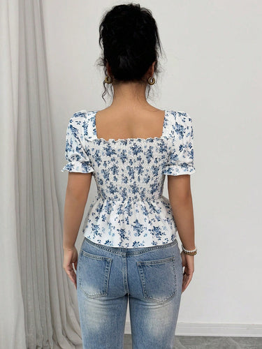 Ditsy Floral Print Puff Sleeve Ruffle Hem Blouse(CLEARANCE SALE)
