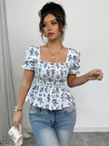 Ditsy Floral Print Puff Sleeve Ruffle Hem Blouse