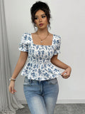 Ditsy Floral Print Puff Sleeve Ruffle Hem Blouse