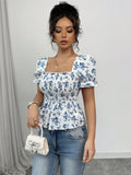 Ditsy Floral Print Puff Sleeve Ruffle Hem Blouse