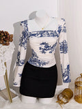 Square Neck Ruched Long Sleeve Slim Fit T-Shirt