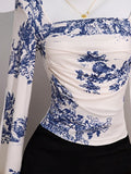 Square Neck Ruched Long Sleeve Slim Fit T-Shirt