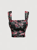 Floral Print Slim Fit Pleated Elegant Charm Vest