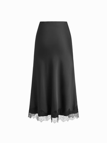 Parien Black Silk High Rise Lace Panel Skirt