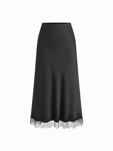 Parien Black Silk High Rise Lace Panel Skirt