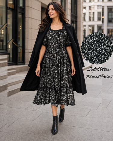 Parien Floral Puff‑Sleeve Laced Tie Neck Vintage‑Inspired Dress