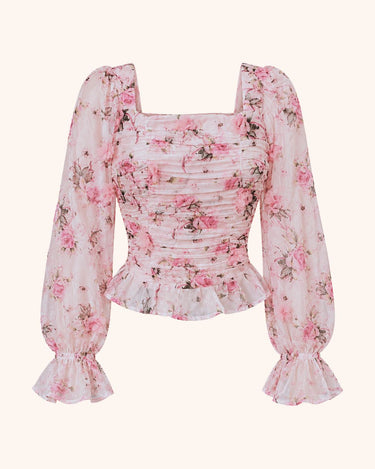 Parien 3-D Floral Square Neck Ruffle Trim Top