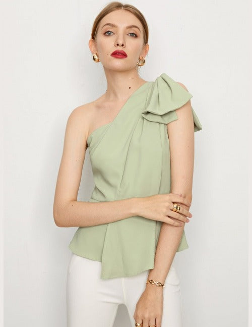Exaggerate Bow Detail One Shoulder Peplum Top(Clearance Sale)