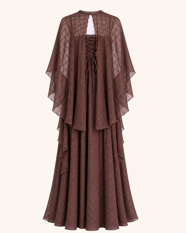 Parien Cocoa Embroidered Cape Maxi Dress