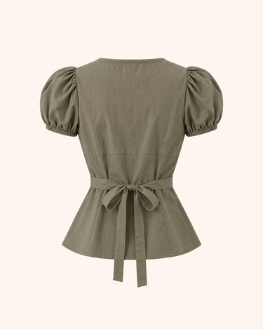 Parien Fitted Tie-Waist Petal Sleeve Fitted Short Sleeve Top