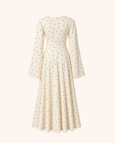 Parien Floral Ruffle Trim Tie-Waist Flare Sleeve Dress