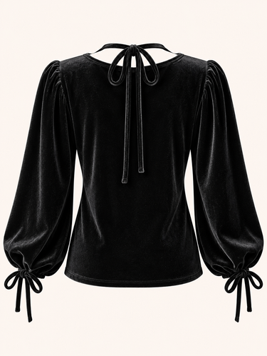 Parien Tie Neck Lantern Sleeve  Velvet Top