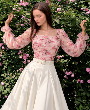 Parien 3-D Floral Square Neck Ruffle Trim Top