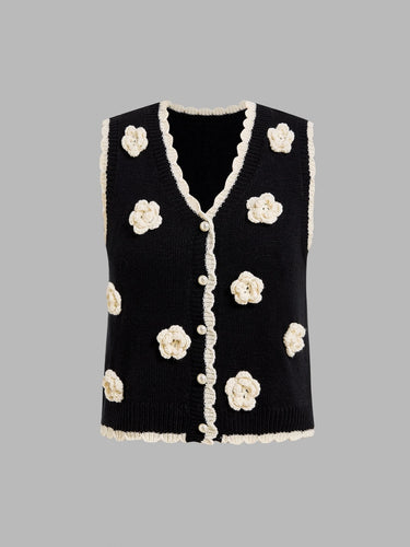 Parien Crochet Flower Pearl Button Knit Vest