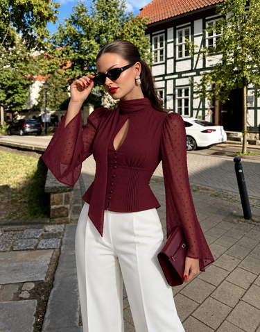 Parien Swiss Dot Chiffon Burgundy Blouse