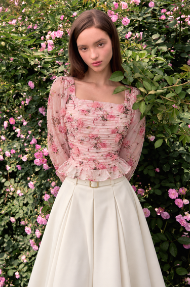 Parien 3-D Floral Square Neck Ruffle Trim Top
