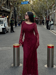 Parien Burgundy Flare Sleeve Fitted Backless Round Neck Dress