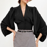 V Neck Button Up Crops Blouse(Clearance Sale)