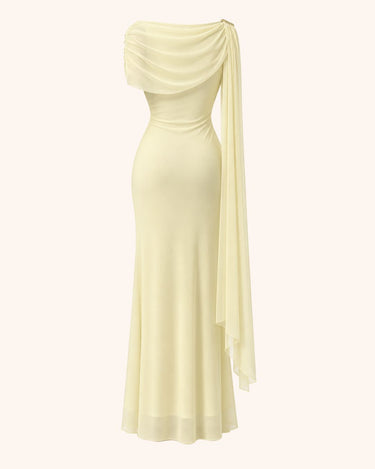 Asymmetrical Shoulder Ribbon Mesh Sleeveless Evening Gown