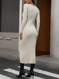 Aveloria Modichic Elegant Keyhole Neckline Plain Knit Ribbed Bodycon Long Sleeve Maxi Sweater Dress For Women