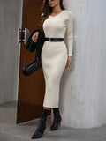 Aveloria Modichic Elegant Keyhole Neckline Plain Knit Ribbed Bodycon Long Sleeve Maxi Sweater Dress For Women